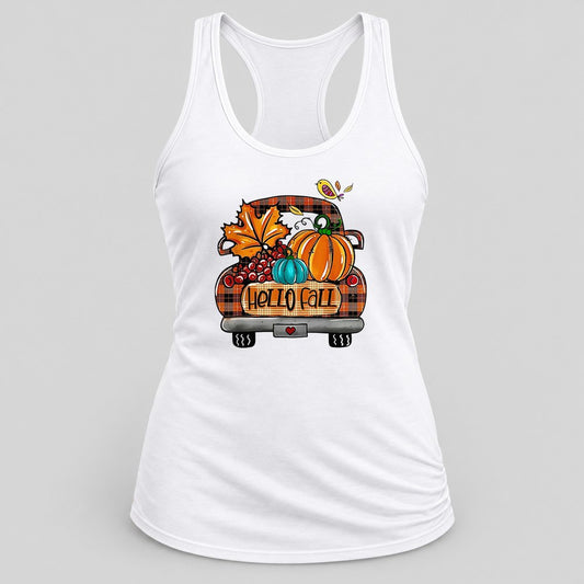 Hello Fall Plaid Truck racerback tank in White