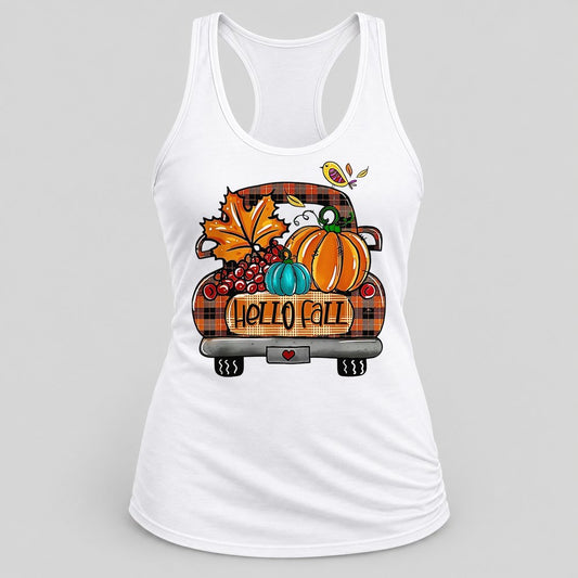 Hello Fall Plaid Truck racerback tank in White