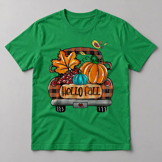 Hello Fall Plaid Truck tee in Kelly Green