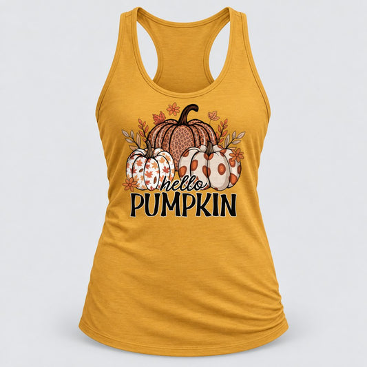 Hello Pumpkin Patterned racerback tank in Antique Gold