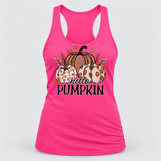 Hello Pumpkin Patterned racerback tank in Hot Pink