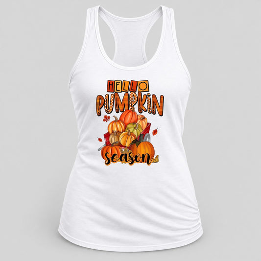 Hello Pumpkin Wagon racerback tank in White
