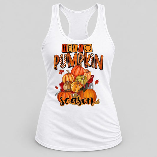 Hello Pumpkin Wagon racerback tank in White