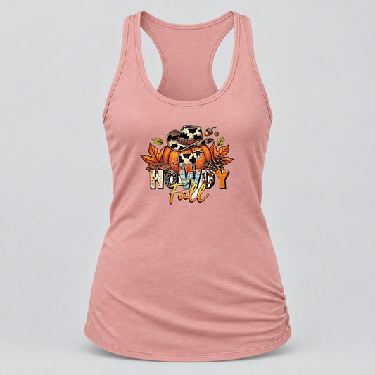Howdy Fall Cow Pumpkin racerback tank in Desert Pink