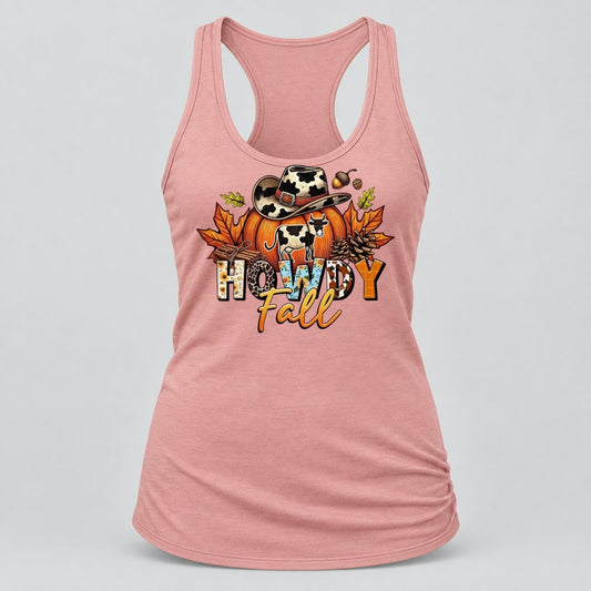 Howdy Fall Cow Pumpkin racerback tank in Desert Pink