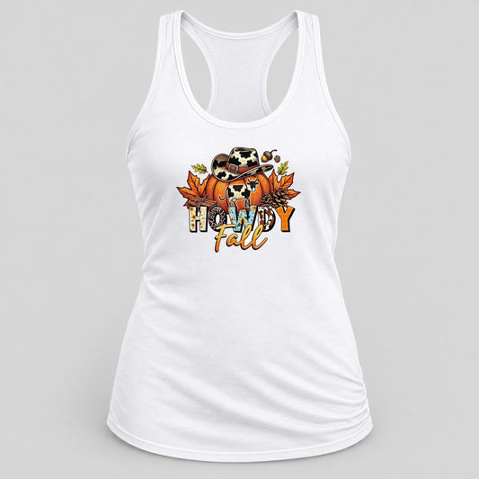 Howdy Fall Cow Pumpkin racerback tank in White