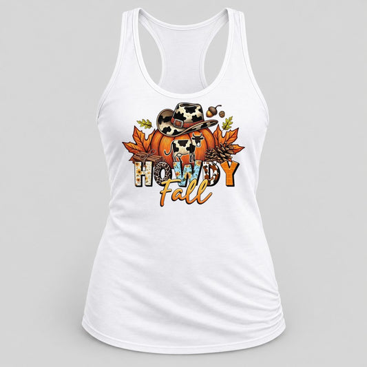 Howdy Fall Cow Pumpkin racerback tank in White