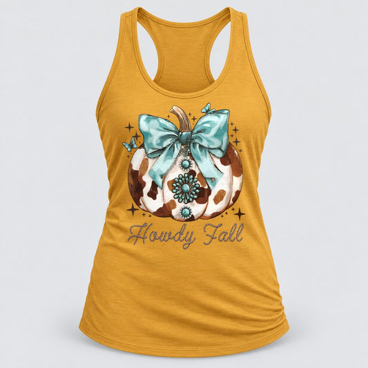 Howdy Fall racerback tank in Antique Gold