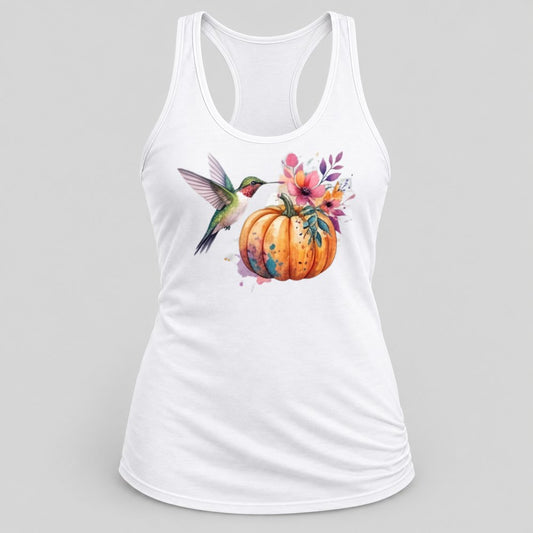 Hummingbird Pumpkin racerback tank in White