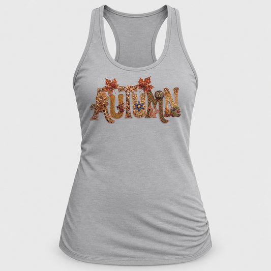 Jeweled Autumn Letters racerback tank in Silver