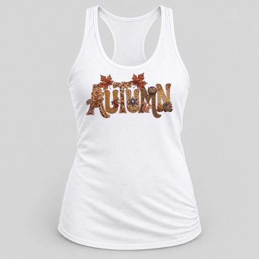 Jeweled Autumn Letters racerback tank in White