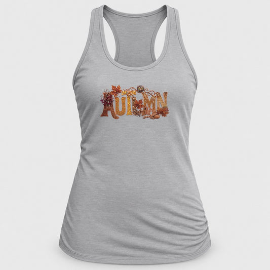 Jeweled Autumn Owl Letters racerback tank in Silver