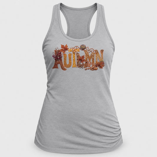 Jeweled Autumn Owl Letters racerback tank in Silver