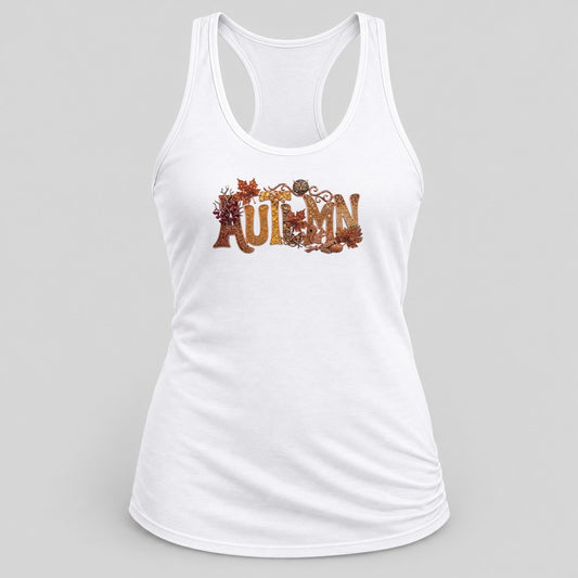 Jeweled Autumn Owl Letters racerback tank in White
