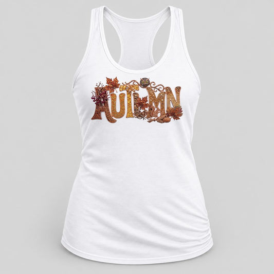 Jeweled Autumn Owl Letters racerback tank in White