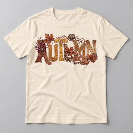 Jeweled Autumn Owl Letters tee in Natural