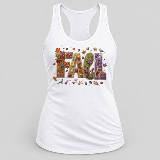 Jeweled Fall Harvest Letters racerback tank in White