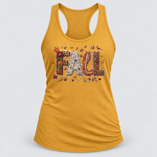 Jeweled Fall Letters racerback tank in Antique Gold