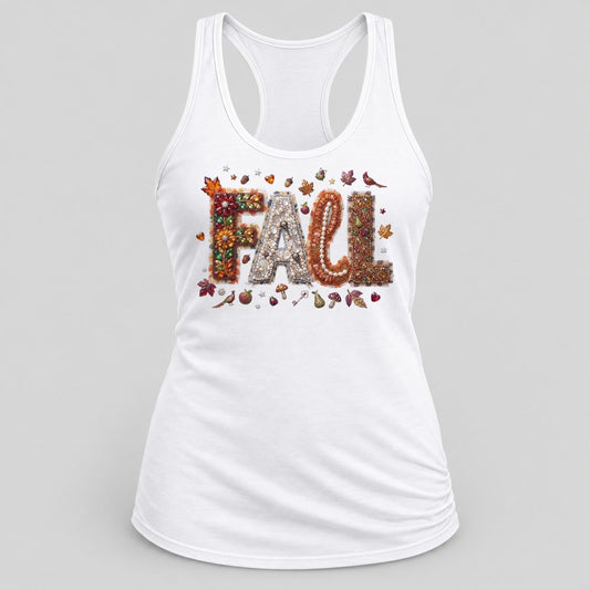 Jeweled Fall Letters racerback tank in White