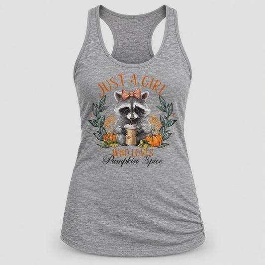 Just a Girl Who Loves Pumpkin Spice racerback tank in Heather Grey