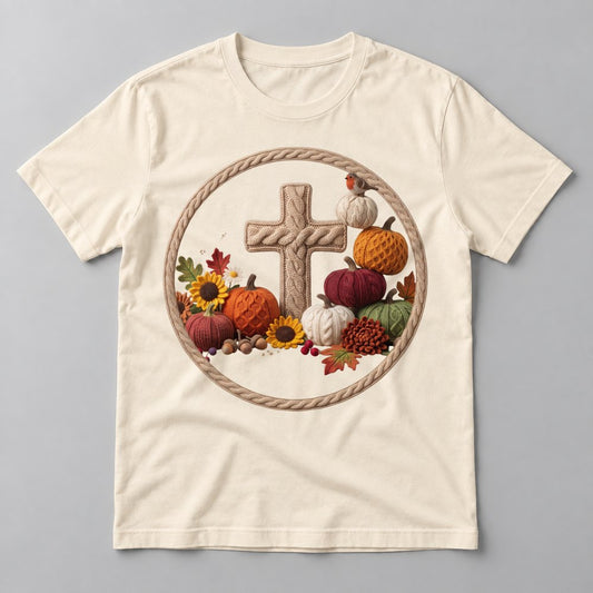 Knit Cross Wreath tee in Natural