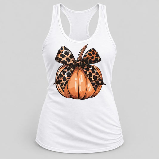 Leopard Bow Pumpkin racerback tank in White