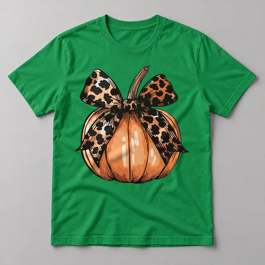 Leopard Bow Pumpkin tee in Kelly Green