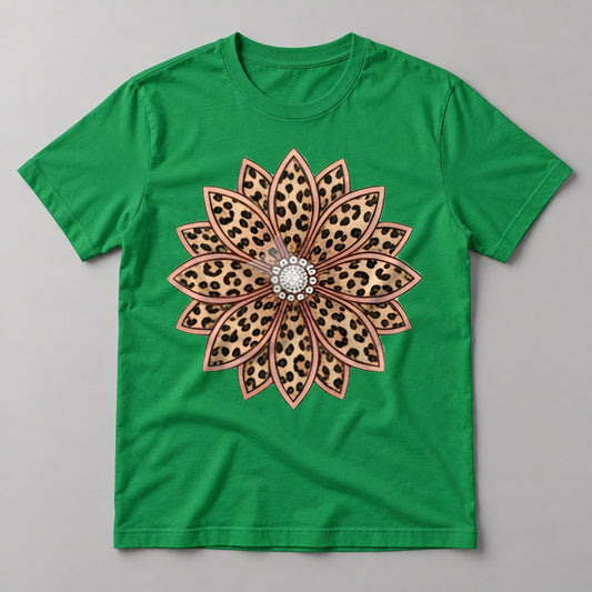 Leopard Sunflower Mandala tee in Kelly Green