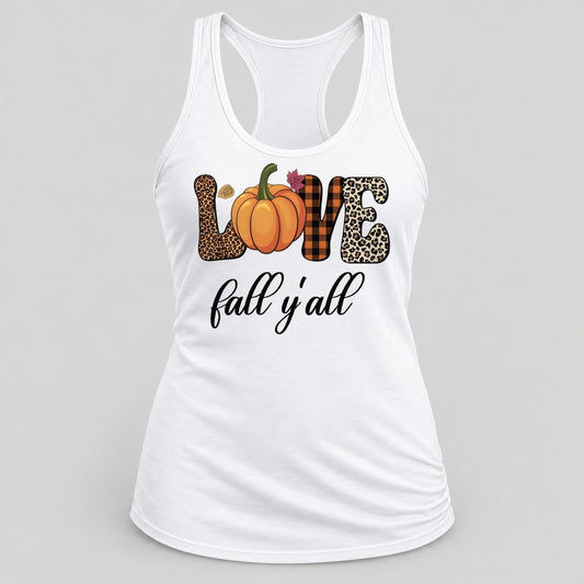 Love Fall Y'all Leopard Plaid racerback tank in White