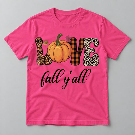 Love Fall Y'all Leopard Plaid tee in Hot Pink