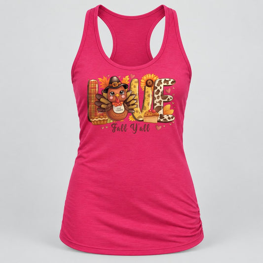 Love Fall Y'all racerback tank in Raspberry