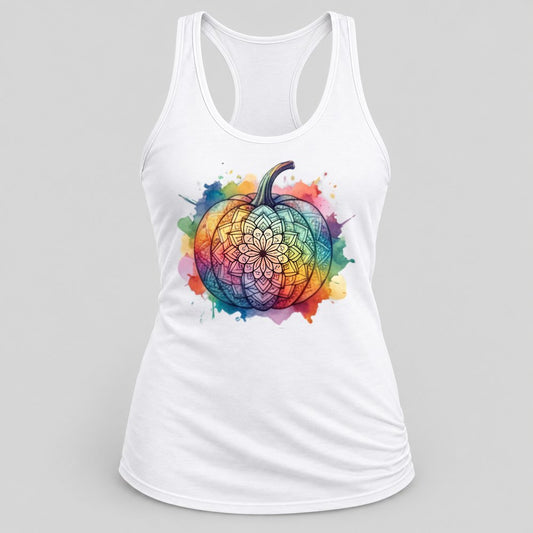 Mandala Rainbow Pumpkin racerback tank in White