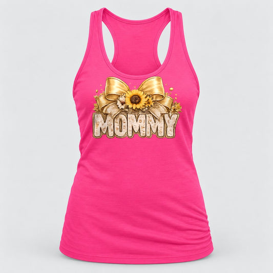 Mommy Sunflower Bow racerback tank in Hot Pink
