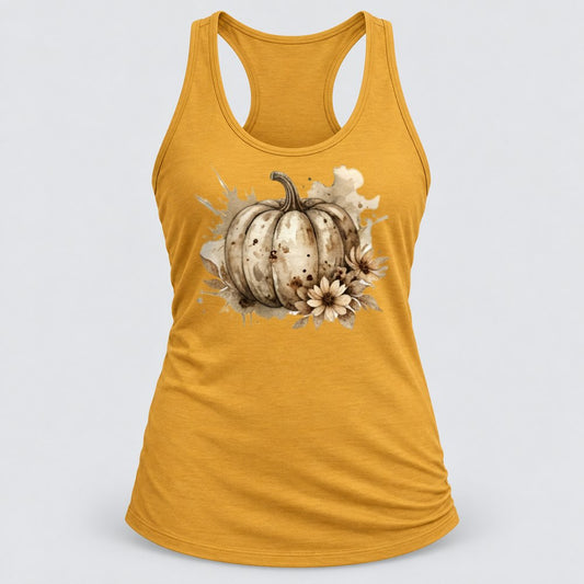 Neutral Floral Pumpkin racerback tank in Antique Gold