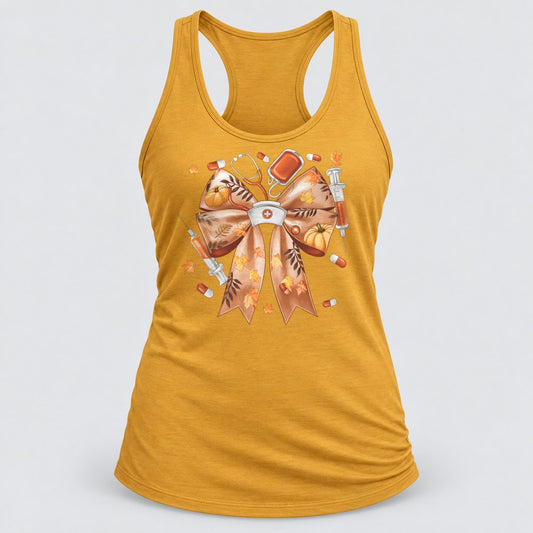 Nurse Fall Bow racerback tank in Antique Gold