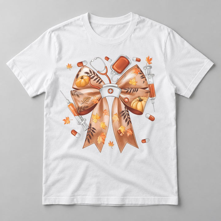 Nurse Fall Bow pressed on a White tee