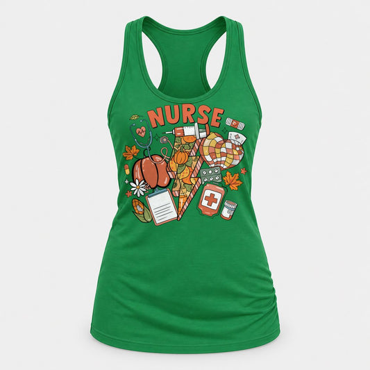 Nurse Fall Collage racerback tank in Kelly Green