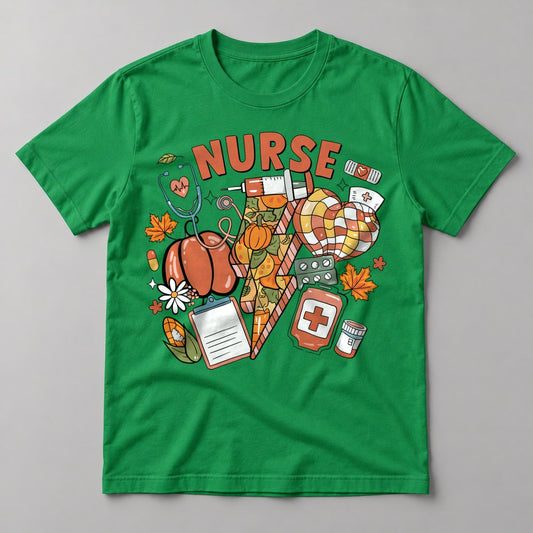 Nurse Fall Collage tee in Kelly Green