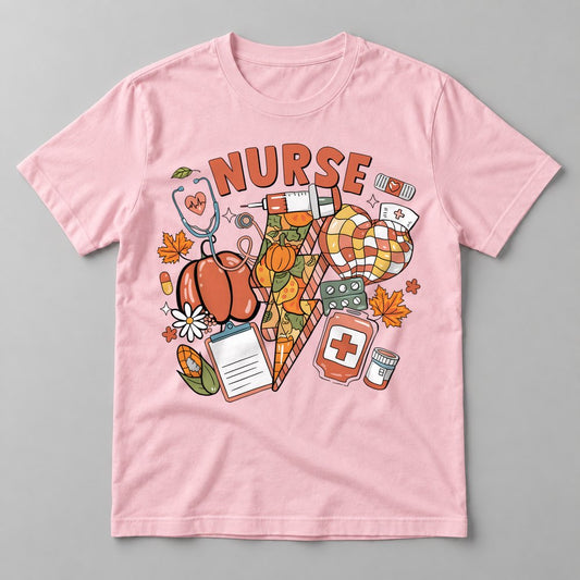 Nurse Fall Collage pressed on a Soft Pink tee