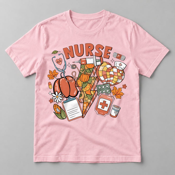 Nurse Fall Collage pressed on a Soft Pink tee