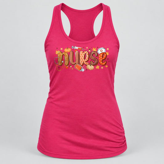Nurse Fall Lettering racerback tank in Raspberry
