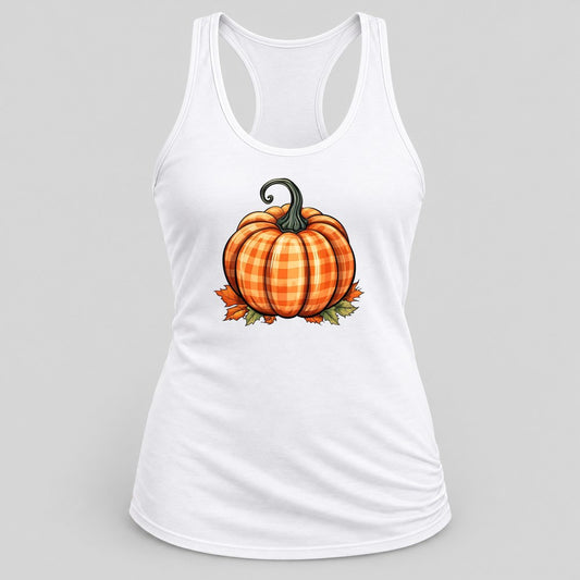 Orange Gingham Pumpkin racerback tank in White
