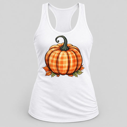 Orange Gingham Pumpkin racerback tank in White