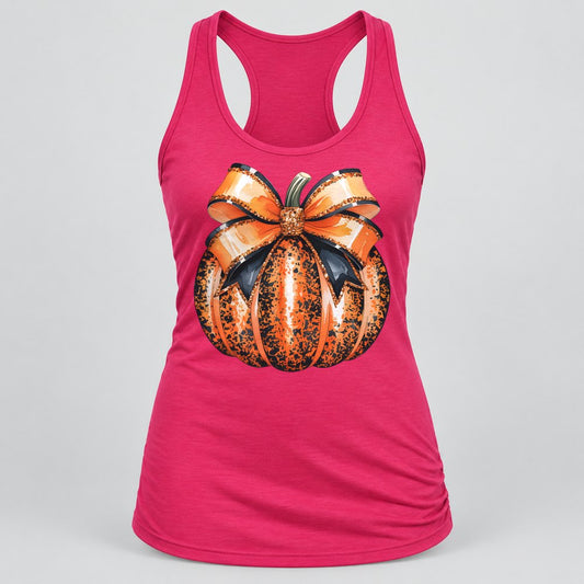 Orange Glitter Bow Pumpkin racerback tank in Raspberry