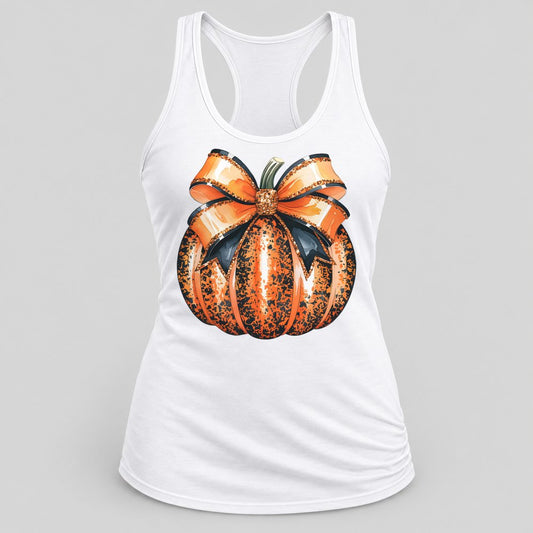 Orange Glitter Bow Pumpkin racerback tank in White