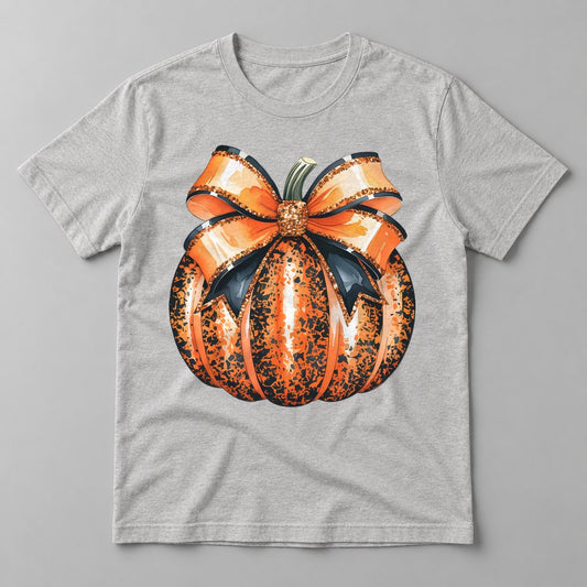 Orange Glitter Bow Pumpkin tee in Athletic Heather
