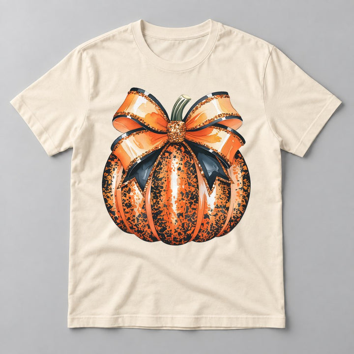 Orange Glitter Bow Pumpkin tee in Natural