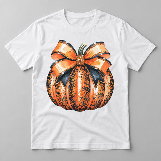 Orange Glitter Bow Pumpkin pressed on a White tee