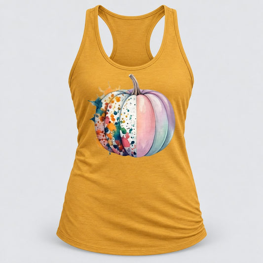 Paint Splatter Pastel Pumpkin racerback tank in Antique Gold