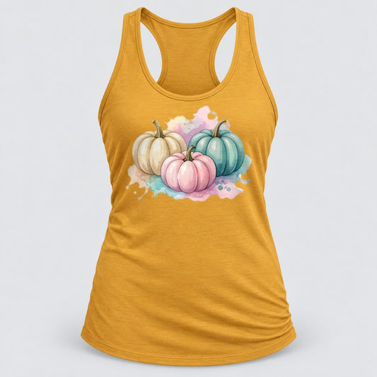 Pastel Pumpkin Trio racerback tank in Antique Gold